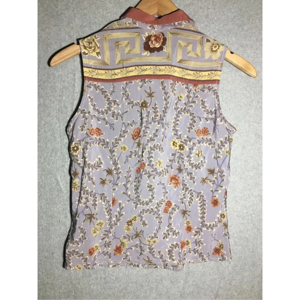 Womens Studio West Button Up Vest Top Orange Blue Floral Pastel Vintage - Picture 6 of 6